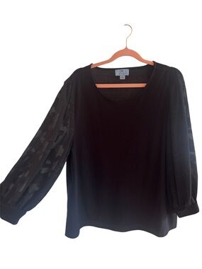 CeCe Black Blouse with Sheer Lace 3/4 Length Sleeves